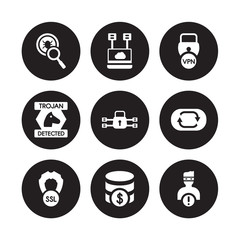 9 vector icon set : Virus search, virtualization, Ssl, Sync, traffic encryption, Virtual private network, Trojan, Sql isolated on black background