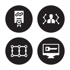 4 vector icon set : network certificate, Network, adminstrator, Monitor security isolated on black background