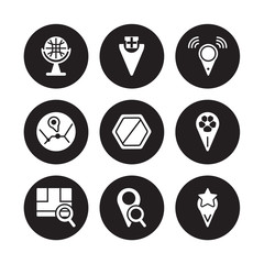 9 vector icon set : Gift shop Location, Geolocalization, Find On Map, Football Field Pin, Geo Cordinates, Forbidden, Favorite Place isolated on black background