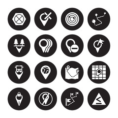 16 vector icon set : No gps, Left chevron, Location, Location off, Locked Place, information Point Pin, Motion, Map Marked Place isolated on black background