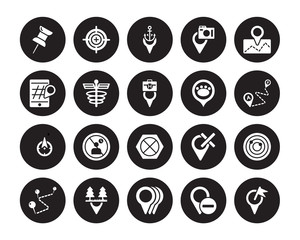 20 vector icon set : Push pin, Marked Place, Minus Location, Motion, National Park Pin, Placeholder, Pet Zone Point, No gps, waiting, Pharmacy, Port isolated on black background