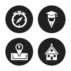 4 vector icon set : College Pin, Club location, Product Positioning, Church isolated on black background