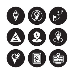 9 vector icon set : Location off, Location, GPS Home Human Left chevron, information Point Pin, Gps device isolated on black background