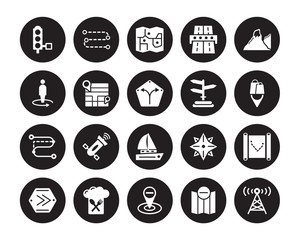 20 vector icon set : Traffic lights, Remove from Map, Location, Restaurant, Right chevron, Terrain, , Sailboat, Segment Path, Street Touristic map isolated on black background