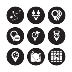 9 vector icon set : National Park Pin, Motion, Map Direction, Transports, Minus Location, Marked Place, isolated on black background