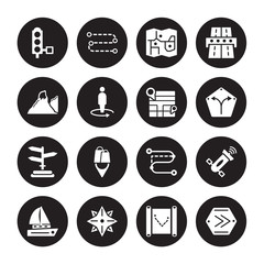 16 vector icon set : Traffic lights, Rolled Up Map, Rose of the Winds, Sailboat, Satellite, Right chevron, Terrain, , Street Map isolated on black background