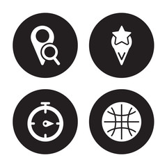 4 vector icon set : Favorite Place, Earth grid, East, Down chevron isolated on black background