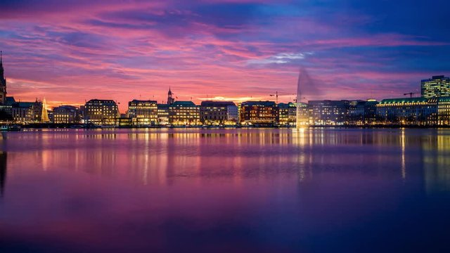 The Inner Alster Lake (German: Binnenalster) in Hamburg, Germany. 4k UHD time lapse video of the inner city at dusk with day to night transition.