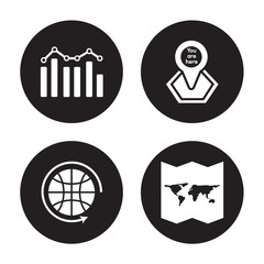 4 vector icon set : Demographics, Worldwide, You are here, World Map Folded isolated on black background
