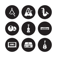 9 vector icon set : music Triangle, Metronome, Cassette, Keyboard, Violin, Saxophone, Cd, Amplifier isolated on black background