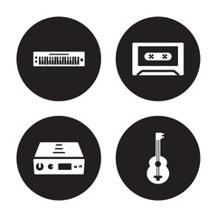 4 vector icon set : music Keyboard, Amplifier, Cassette, Guitar isolated on black background