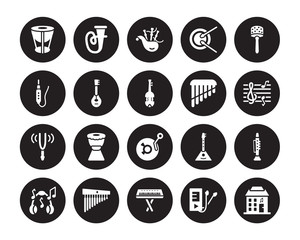 20 vector icon set : Timpani, Playlist, Synthesizer, Chimes, Music note, Cabasa, Panpipe, Record, Tuning Fork, Mandolin, Bagpipes isolated on black background