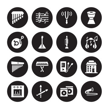 16 vector icon set : Panpipe, Album, Drumsticks, Sound bars, Music store, Trombone, Record, Chimes, Clarinet isolated on black background