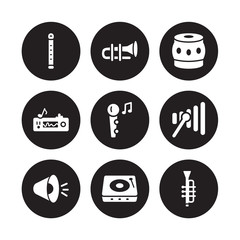 9 vector icon set : Pennywhistle, cornet, Volume, Xylophone, music, Percussion, melody, Turntable isolated on black background
