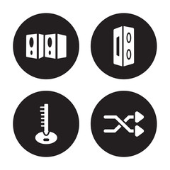 4 vector icon set : Speaker, Sitar, Sound system, Shuffle isolated on black background