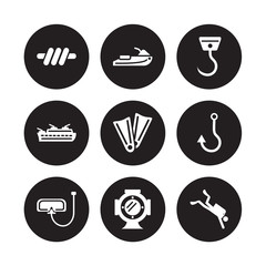 9 vector icon set : Knot, Jetski Facing Right, Diving mask, Fishing Hook, Flippers, Frigate, Helmet isolated on black background