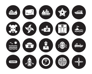 20 vector icon set : Vessel, Radar, Radar detection, Raft, Rescue Tube, Speed boat, sea Package, Sailor, Sea, Ship Engine Propeller, Tanker isolated on black background