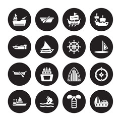 16 vector icon set : gunboat, port and starboard, capsizing, ship Admiral, Azimuth compass, Yacht Facing Right, motorboat, Seaworthy, marine isolated on black background