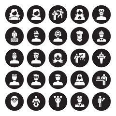 25 vector icon set : Girl face with long hair, Airplane pilot, Angry Man, Baby, Bald man beard and sunglasses, Construction worker isolated on black background.