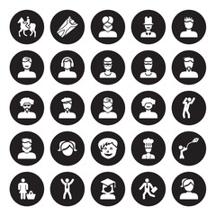 25 vector icon set : Man Horseriding, Going to work, Graduated, Happy man, Housewife shopping, face with goatee, curly hair and moustache, Little boy isolated on black background.