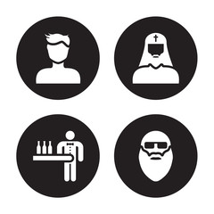 4 vector icon set : Boy face, Barman, Bishop Bald man face with beard and sunglasses isolated on black background