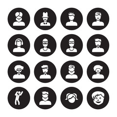 16 vector icon set : Man face with turban and beard, Little girl face, Male User Manager Dancing, curly hair moustache isolated on black background
