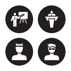 4 vector icon set : Businessmen Disussing, Boy with headband, Businessman Giving a Lecture, face glasses isolated on black background