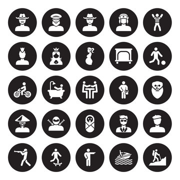 25 vector icon set : Sheriff face, man Jet ski, Man pointing, riding Skateboarding, Shooting, Playing with a Ball, Painter Paint Bucket, Newborn isolated on black background.