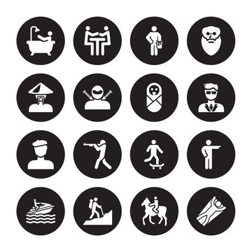 16 vector icon set : Person Bathing, Man Horseriding, in Hike, man Jet ski, pointing, Flying, Old chinese man, with beret, Newborn isolated on black background