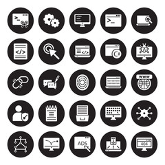 25 vector icon set : Command, Adaptive Layout, Advertising, advertising Bounce, Algorithm, Bug report, Binary code, Archive, Authorize, Code, Coding, Cogwheel isolated on black background.