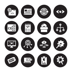 16 vector icon set : Web development, SEO report, Reputation, seo Tags, Seo Tools, Ranking, UX De, Simulation, Software isolated on black background