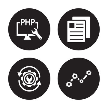 4 vector icon set : Php, Optimization, Page, Operating system isolated on black background