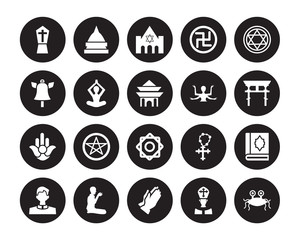 20 vector icon set : Tombstone, Pope, Pray, Prayer, Priest, Star of David, Shiva, Rub el Hizb, Semitic Neopaganism, Spiritual, Synagogue isolated on black background