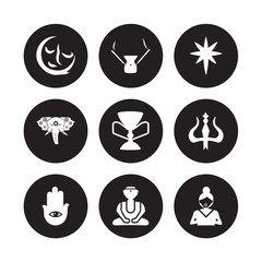 9 vector icon set : indulgence, Incense, Hamsa, Hinduism, Holy chalice, star, holy Elephant, Great buddha isolated on black background