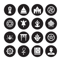 16 vector icon set : Tombstone, Quran, Rosary, Rub el Hizb, Satanism, Priest, Star of David, Shiva, Spiritual isolated on black background
