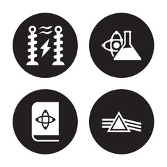 4 vector icon set : Tesla coil, Science book, Scientific, Refraction isolated on black background