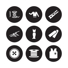 9 vector icon set : Coil, Clothing, Button, Chalk, Clothes, Clothespin, Clothes hanger, Bobbin isolated on black background