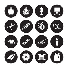 16 vector icon set : Embroidery hoop, Bobbin, Button, Chalk, Clothes, v, Cutting, Clothing, Crochet isolated on black background