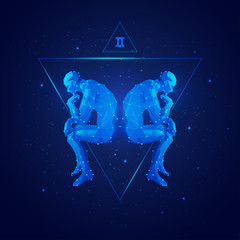 vector of gemini horoscope sign in twelve zodiac with galaxy stars background, graphic of polygon man thinking