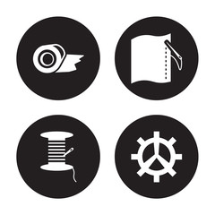 4 vector icon set : Tape, Spool of thread, Stiching, Spokes isolated on black background