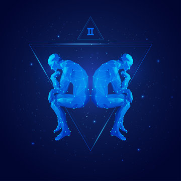 Vector Of Gemini Horoscope Sign In Twelve Zodiac With Galaxy Stars Background, Graphic Of Polygon Man Thinking