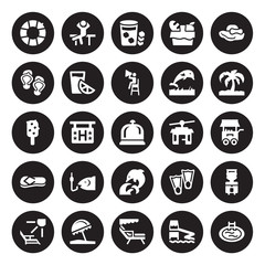 25 vector icon set : Rubber ring, Aqua park, Beach chair, umbrella, Deck chairs and sun, Island with palm trees, Funicular, Dolphin on water waves, Flip flop isolated black background.