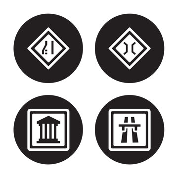 4 vector icon set : Narrow lane, Museum, bridge, Motorway isolated on black background