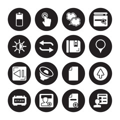 Fototapeta premium 16 vector icon set : Charging status, Add, Add user, Alarm clock, Arrow, Account, Brightness, Back, Bookmark isolated on black background