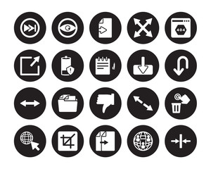 20 vector icon set : Fast forward, Connections, Copy, Crop, Cursor, Error page, Download, Dislike, Double arrow, Empty battery, Export isolated on black background