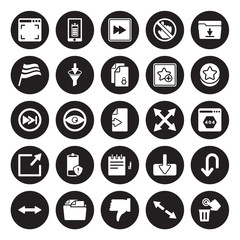 25 vector icon set : Full screen, Diagonal arrow, Dislike, Documents, Double Favorites Button, Expand, Edit, Enlarge, Flag, Forward, battery isolated on black background.