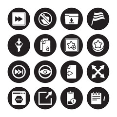 16 vector icon set : Forward, Empty battery, Enlarge, Error page, Expand, Edit, Filter, Fast forward, Favourite isolated on black background
