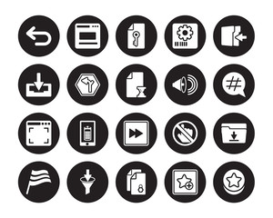 20 vector icon set : Left arrow, Favourite, Files, Filter, Flag, Insert, High Volume, Forward, Full screen, Horizontal alignment, Key isolated on black background