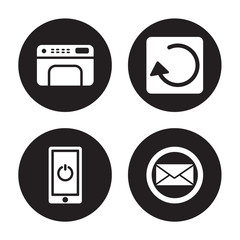 4 vector icon set : Print, Power, Previous, Post isolated on black background
