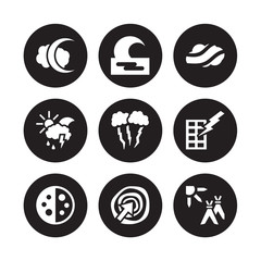 9 vector icon set : New moon, Moonrise, Last quarter, Light bolt, Lightning, Mist, meteorology, Isobars isolated on black background - obrazy, fototapety, plakaty